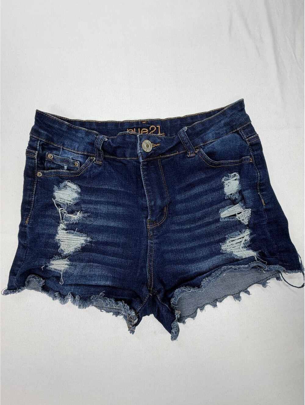 Rue 21 Womens Denim Shorts Distressed Frayed Hem Mid Rise Dark Wash Size 10 Blue